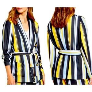 Halogen NWT Black Lucinda Stripe Soft Tie Waist Blazer Jacket Open Front Small